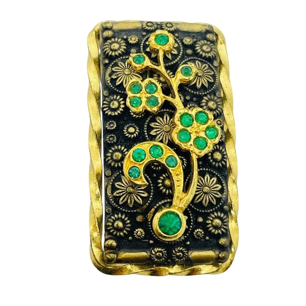 Vintage CZECHO signed gold plated emerald rhinestones brooch
